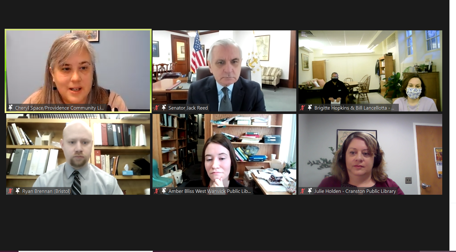 Screenshot of a Zoom meeting that shows several Rhode Island Library Association members in conversation with Senator Jack Reed (D-RI).